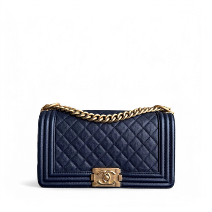 Chanel Boy Medium - Caviar 25CM Quilted Dark Blue Gold Hardware Series 25