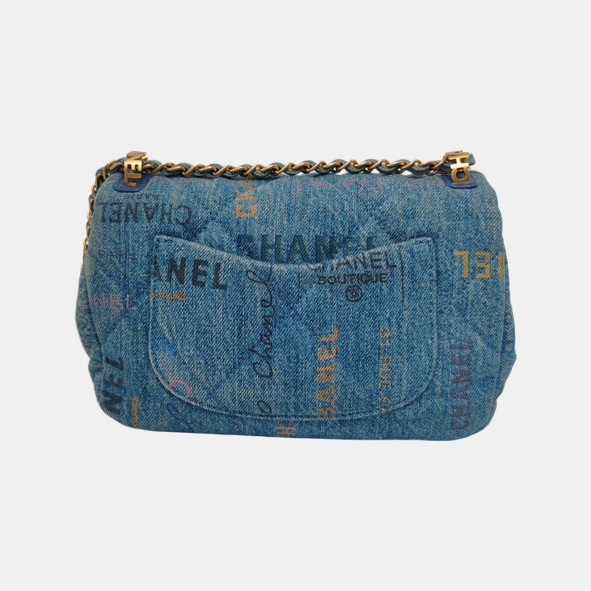Chanel Classic Flap Mini Rectangular Blue Denim Jeans Gold Hardware Microchip
