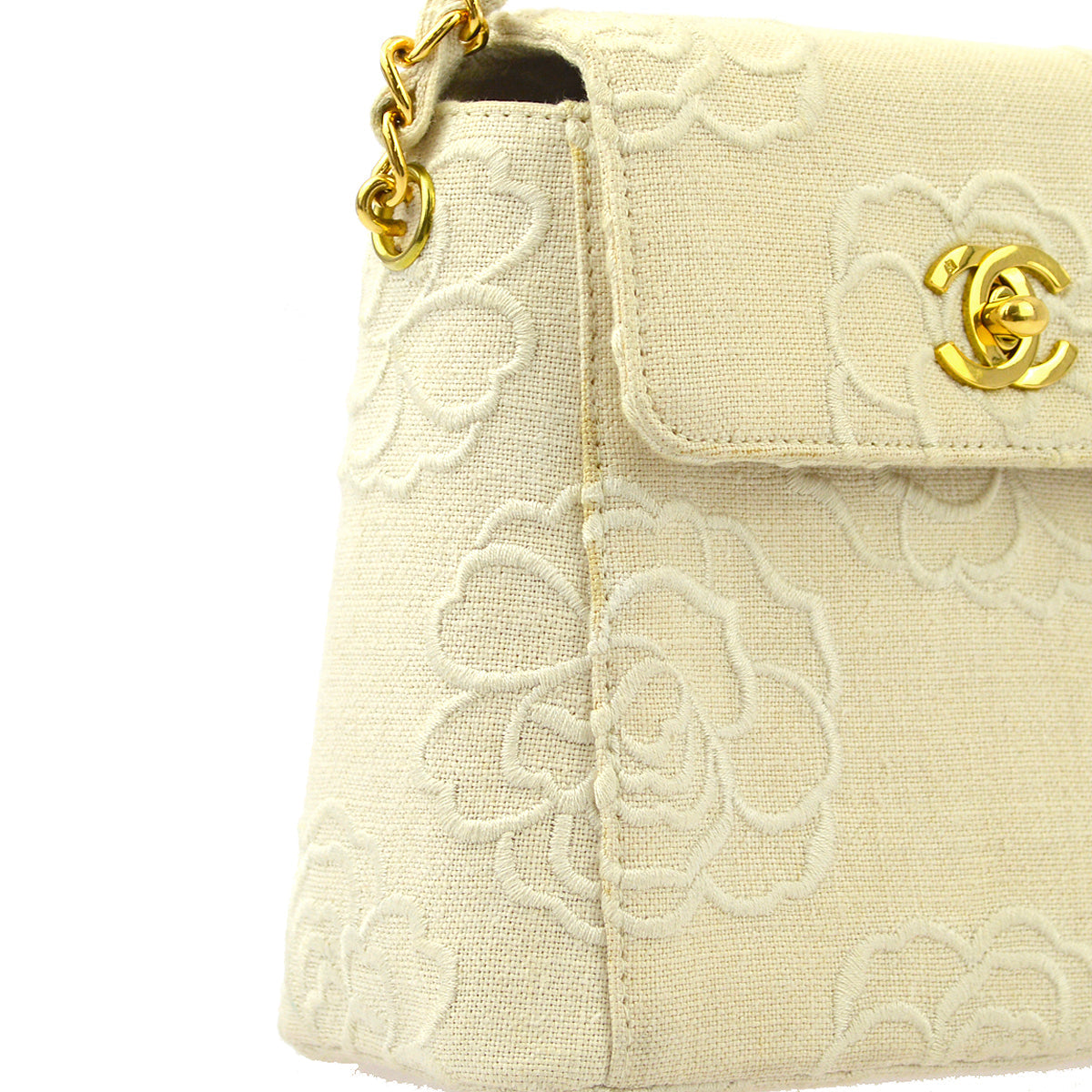 Chanel * White Canvas Camellia Straight Flap Handbag