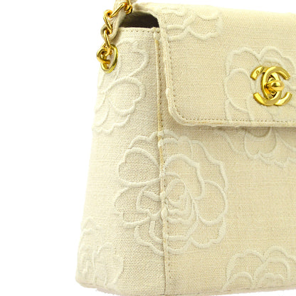 Chanel * White Canvas Camellia Straight Flap Handbag