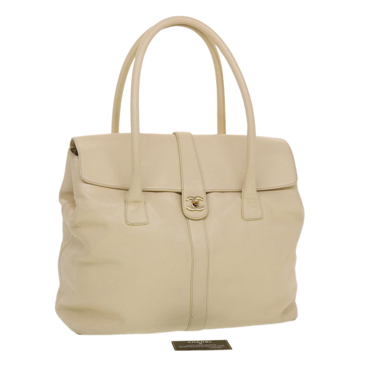 Chanel Turn Lock Flap Executive Tote Bag Caviar Skin Beige CC Auth 43325