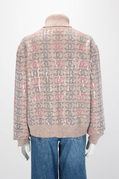 Chanel Pink Cashmere CC Sequined Turtleneck Sweater FR 50