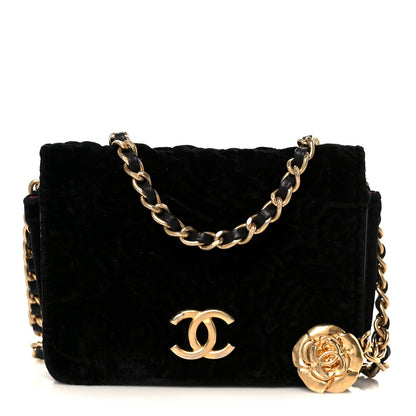 Velvet Quilted Camellia Velvet Flap Coin Purse With Chain Black