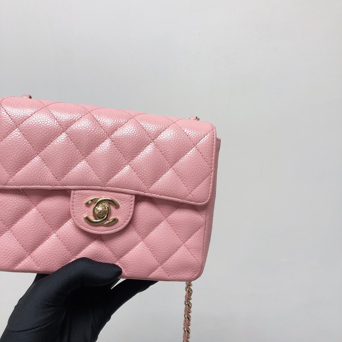 Vintage Mini Square Flap Bag in Pink Quilted Caviar Leather GHW