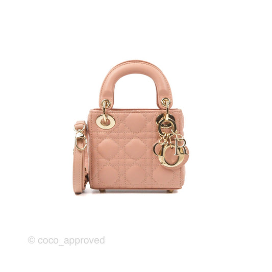 Christian Dior Micro Lady Dior Cannage Rose Des Vents Cannage Lambskin Gold Hardware