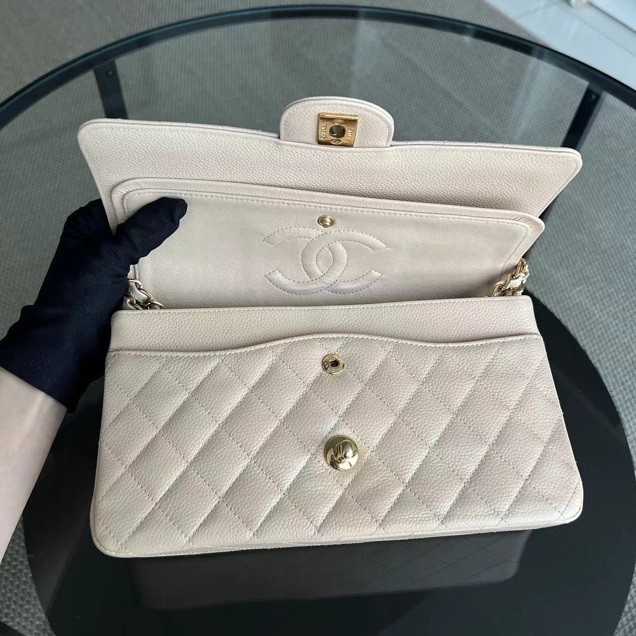 Caviar Double Flap Quilted Grained Calfskin Beige Golden Hardware Series 15