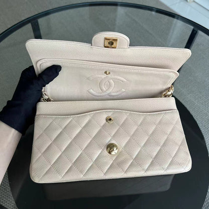 Caviar Double Flap Quilted Grained Calfskin Beige Golden Hardware Series 15