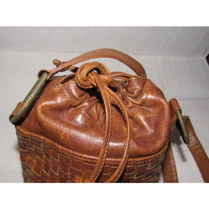 Fendi Chestnut Leather Intrecciato/Woven Crossbody Bucket Bag