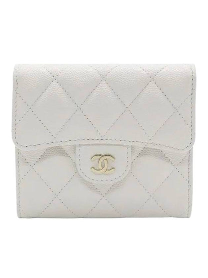 CC Logo Flap Leather Half Wallet White Chanel