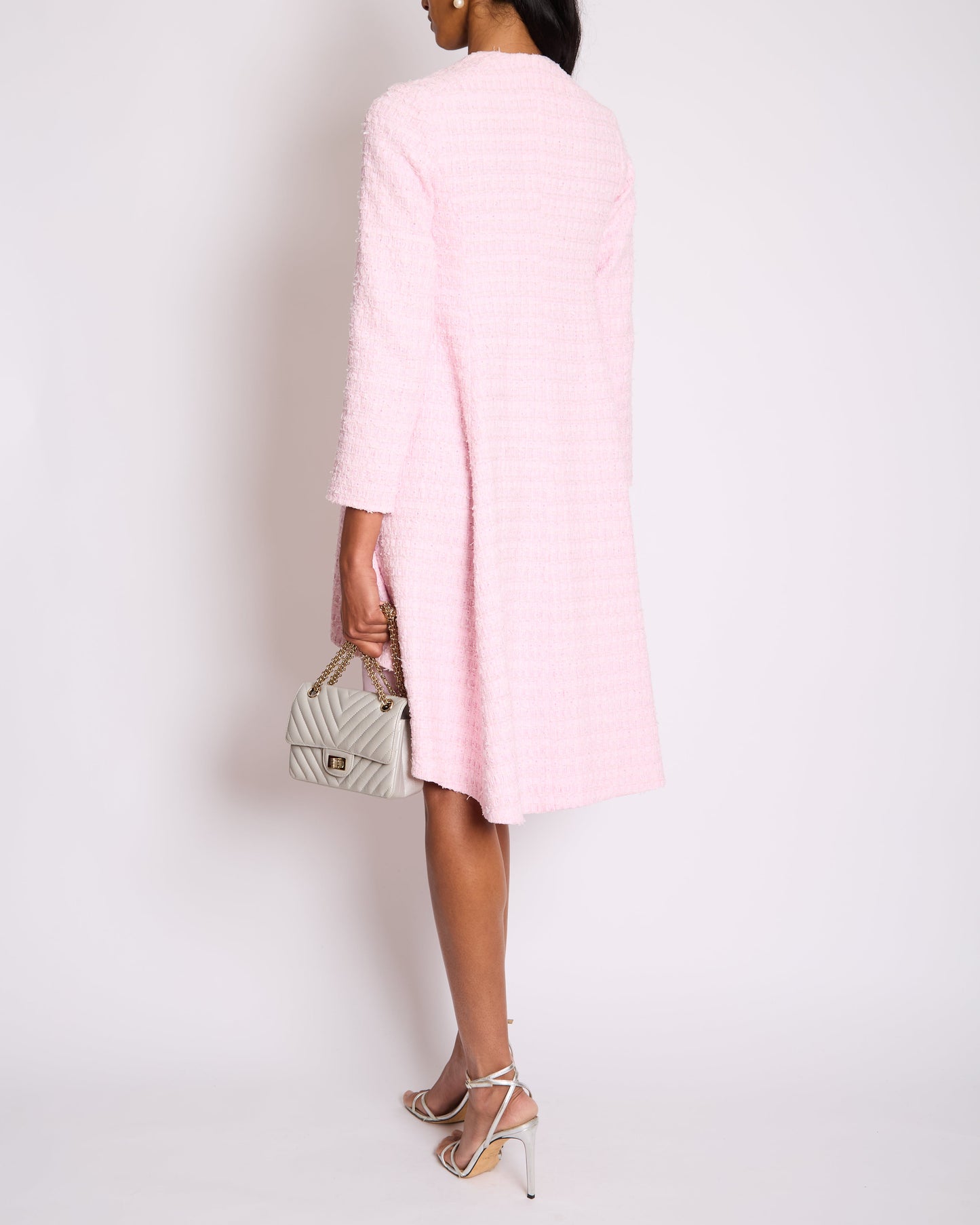 Chanel 24/S Pink Tweed Long Sleeve A-Line Asymmetric Mini Dress with Silver and Pink Logo Button Details Detail FR 34 (UK 6)