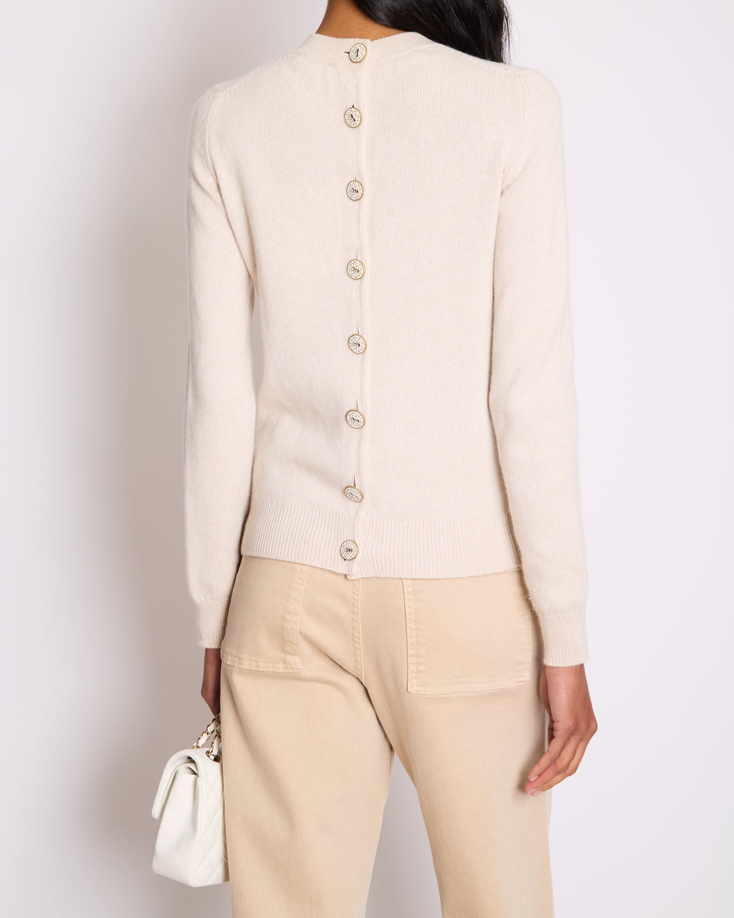 Chanel Beige Cashmere Cardigan with Gold and White Keyhole CC Buttons Size FR 36 (UK 8)