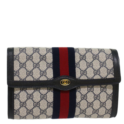 GUCCI GG Canvas Sherry Line Clutch Bag Gray Red Navy 8901006  44806