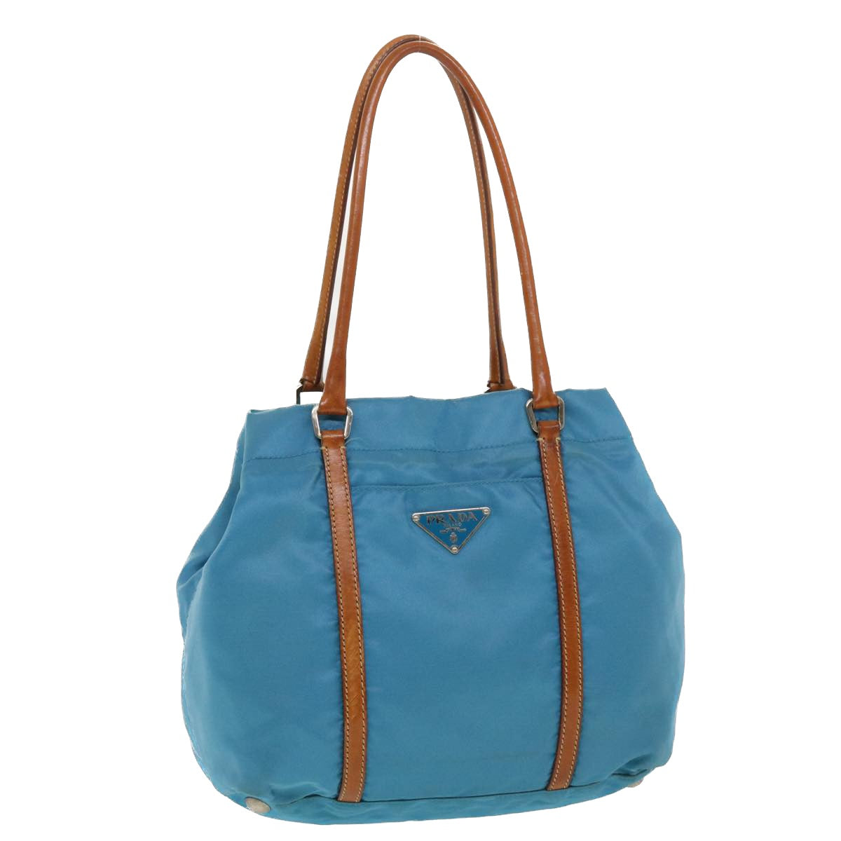 Prada Hand Bag Nylon Light Blue Brown  44988