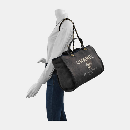 Chanel Deauville Tote Medium Navy Denim Top Handle Leather Chain Straps