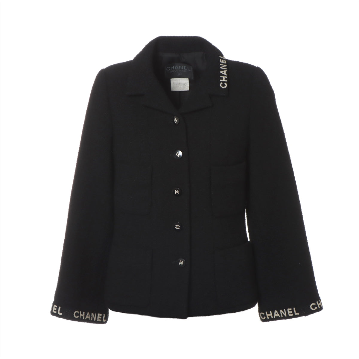 Chanel Coconut Button 95A Wool  Nylon Jacket 38  Black P05747V04386 Twid Logo Stitching
