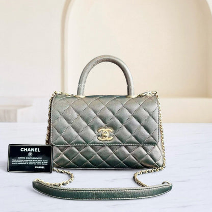 Chanel Caviar Coco Handle Small Grained Calfskin Metallic Silver Golden Hardware Series 28