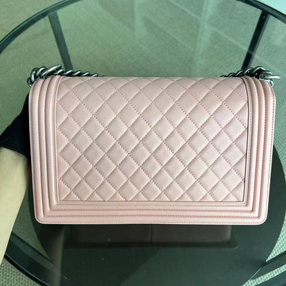 Boy New Medium 28CM Quilted Lambskin Sakura Pink Leboy Ruthenium Silver Hardware Series 20