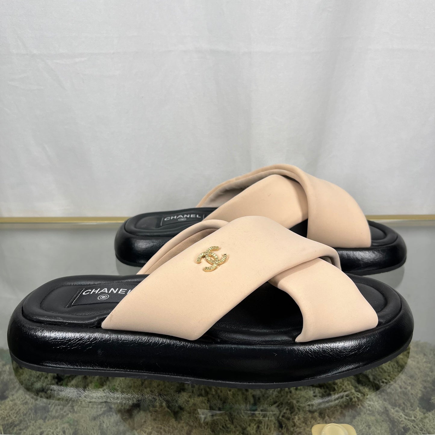 CHANEL CC Fabric Pink Mules Sandals SZ 41  DIA291