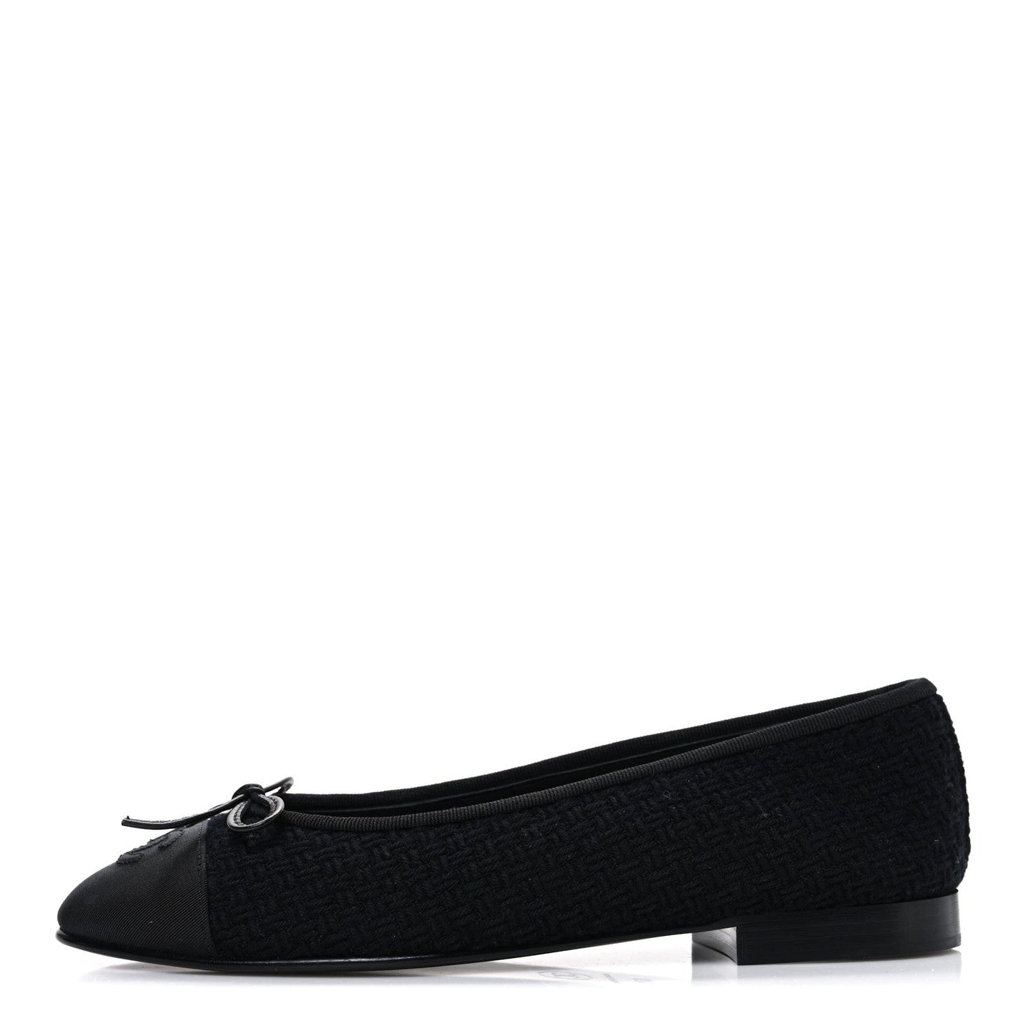 Wool Tweed Grosgrain Cap Toe CC Ballerina Flats 37.5 Black