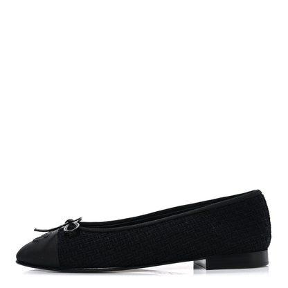 Wool Tweed Grosgrain Cap Toe CC Ballerina Flats 37.5 Black