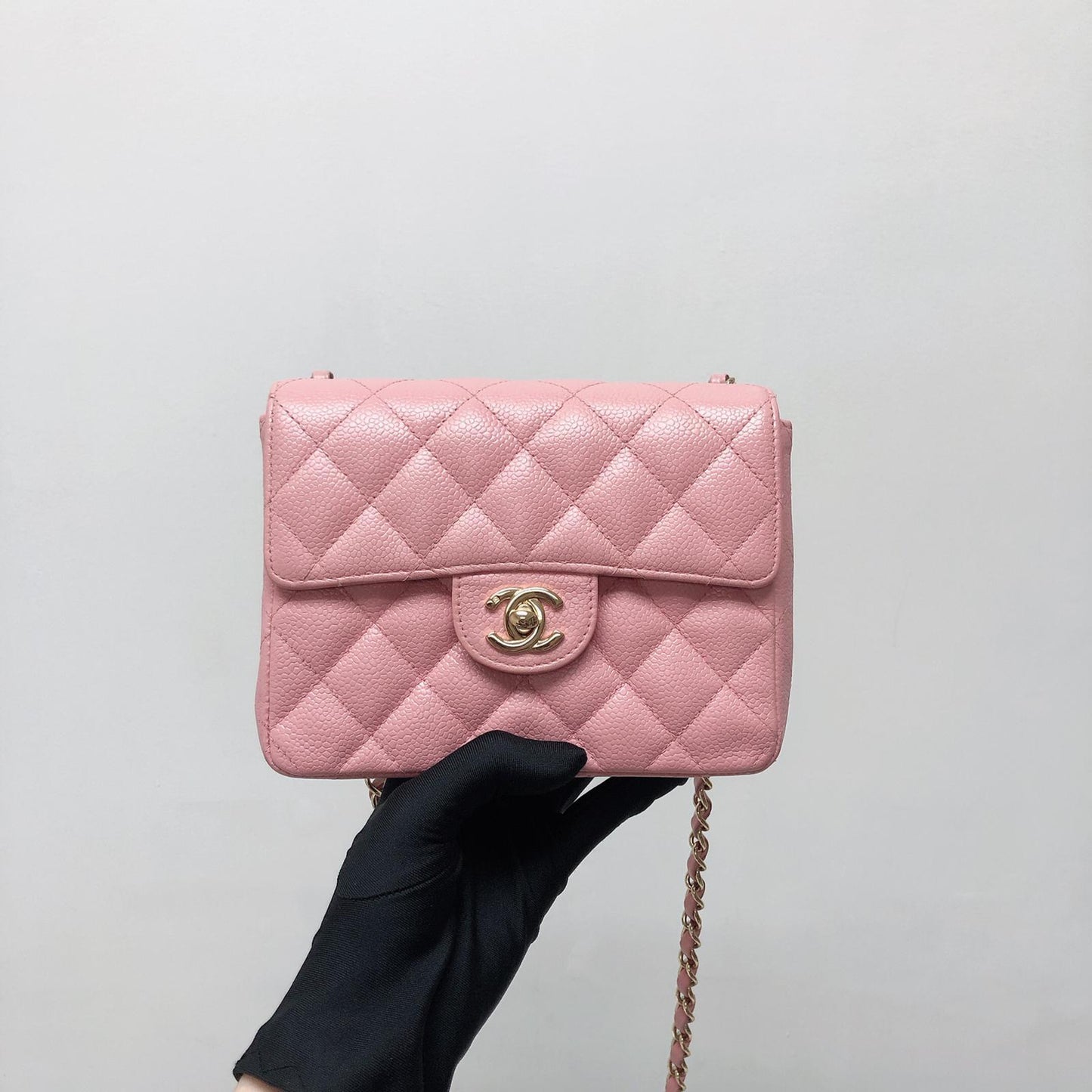 Vintage Mini Square Flap Bag in Pink Quilted Caviar Leather GHW