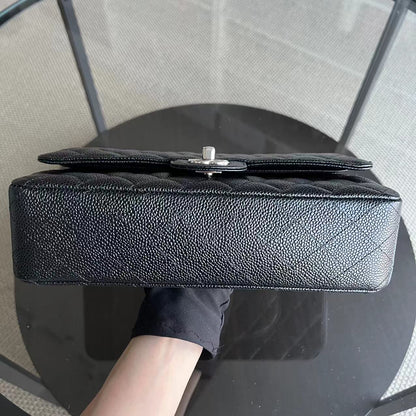 *Un* Medium Double Flap 25CM Quilted Grained Calfskin Black Silver Hardware Series 23