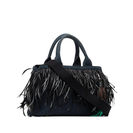 Prada Mini Canapa Convertible Canvas and Feather Tote Satchel