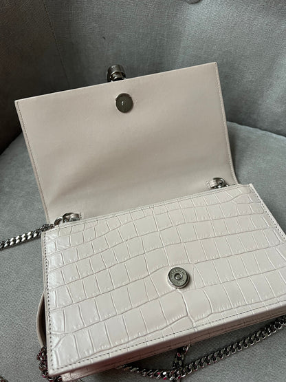 Yves Saint Laurent (YSL) Pale Pink Croc Kate Chain Wallet Silver Hardware