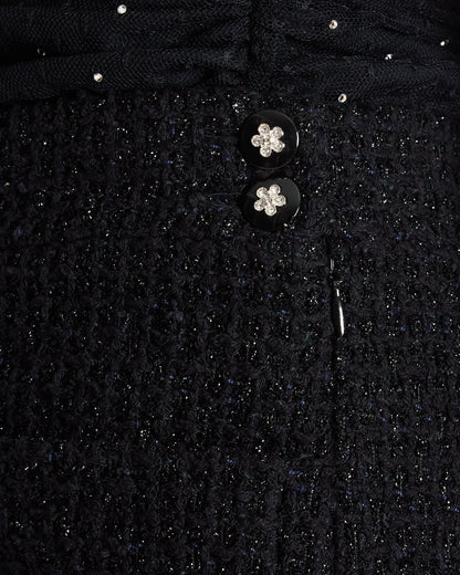 Chanel Black Tweed Shimmery Bermuda Shorts with Silver Flower Crystal Buttons Size FR 34 (UK 6)