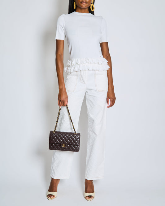 Chanel White Quilted Straight Leg Jeans with Brown Accents and Waist Ties and 31 Rue Cambon CC Logo Detail Size FR 34 (UK 6)