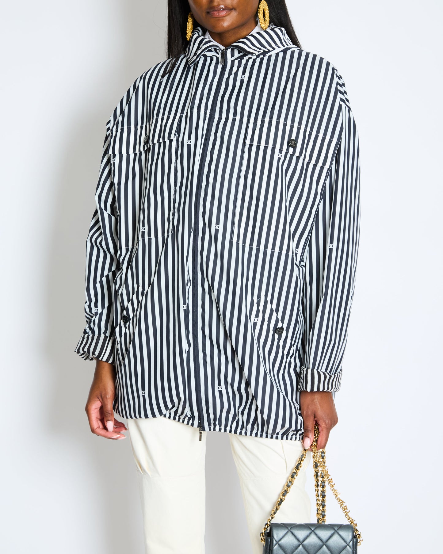 Chanel Black and White Striped Hooded Anorak Jacket with CC Logo Prints and CC Logo Buttons Size FR 36 (UK 8)