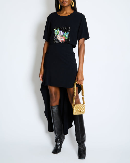 Chanel Métiers d'Art 2023 Black Cropped Top with Multi-Colour Sequin Patch Detail and Back Gold CC Logo Buttons Size FR 34 (UK 6)