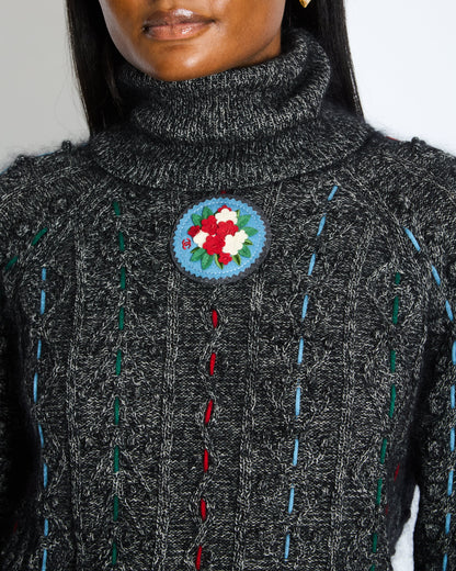 Chanel Grey Cable-Knit Cashmere Jumper with Embroidered Details and Floral Pin Size FR 36 (UK 8)