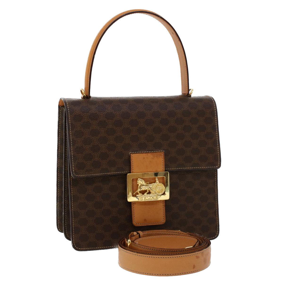 Celine Macadam Canvas Hand Bag PVC Leather 2way Brown  46306