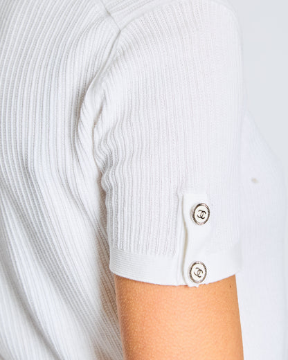 Chanel White Ribbed Knit Short Sleeve Top with Pocket Flower Embroidery Detail Size FR 36 (UK 8)