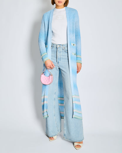Chanel 23/S Blue Long-line Striped Knitted Cardigan with Green and Pink Trim and CC Button Detail Size