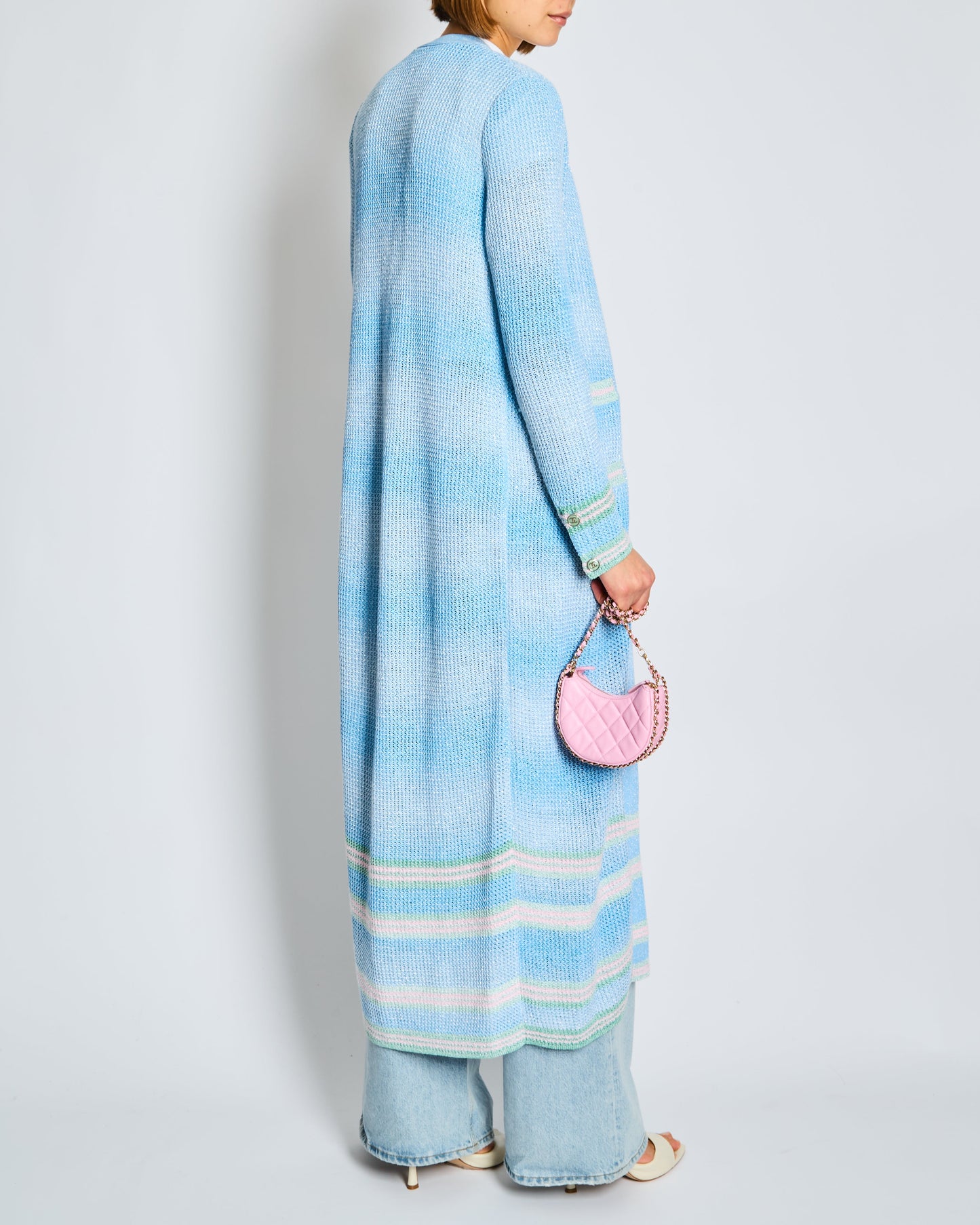 Chanel 23/S Blue Long-line Striped Knitted Cardigan with Green and Pink Trim and CC Button Detail Size