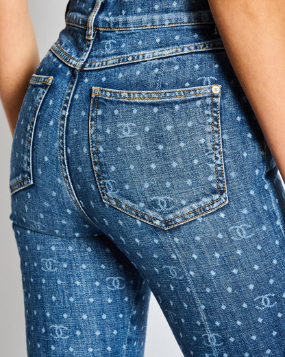 Chanel 23/P Blue Denim Skinny Jeans with CC Logo Print and Zip Hem Detail Size FR 34 Size UK 6