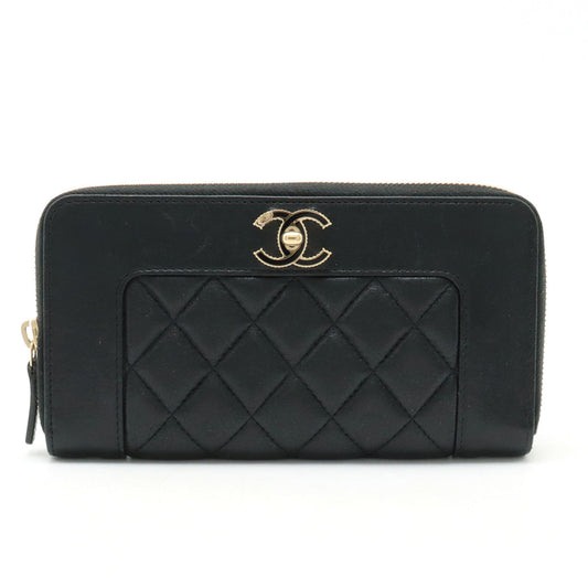 Chanel Mademoiselle Mattress Cocomark Roundfather Long Wallet Black Black Gold  A80969