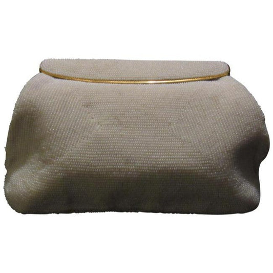 Gucci Vintage Iridescent Pearl Seed Bead With A Hinged Top White Plastic Clutch