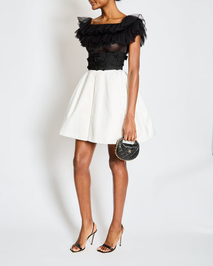 Chanel 20/S Black and White Ruffled Off-Shoulder Mini Dress with Bow Details Size FR 34 (UK 6)