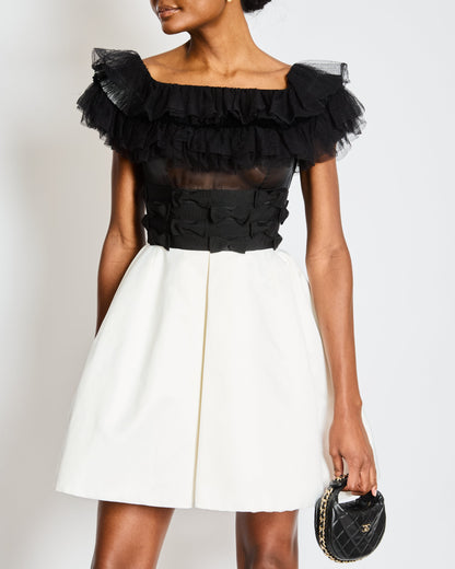 Chanel 20/S Black and White Ruffled Off-Shoulder Mini Dress with Bow Details Size FR 34 (UK 6)