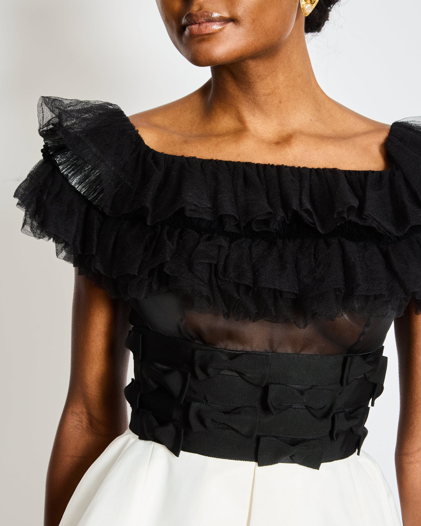 Chanel 20/S Black and White Ruffled Off-Shoulder Mini Dress with Bow Details Size FR 34 (UK 6)