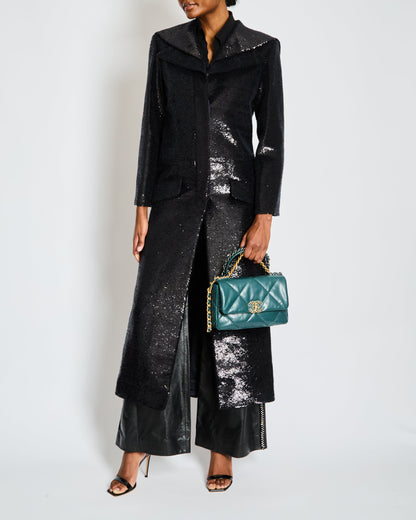 Chanel Metiers d'Art Black Sequin Maxi Pea Coat with Logo Detail Ruthenium Buttons Size FR 34 (UK 6)