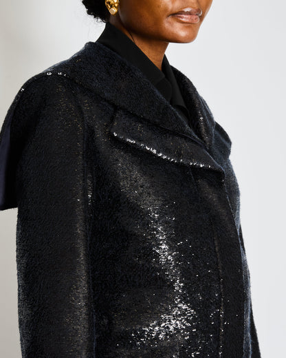 Chanel Metiers d'Art Black Sequin Maxi Pea Coat with Logo Detail Ruthenium Buttons Size FR 34 (UK 6)