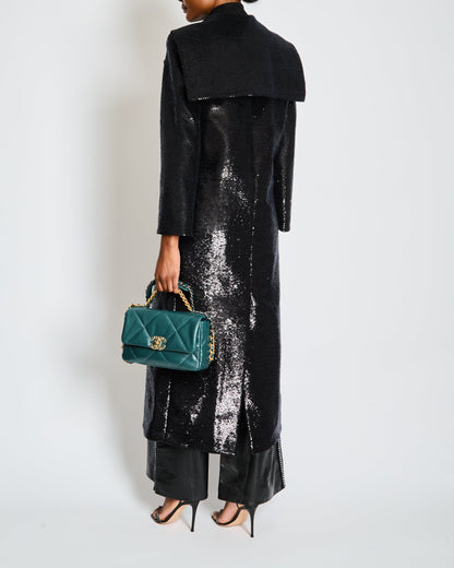 Chanel Metiers d'Art Black Sequin Maxi Pea Coat with Logo Detail Ruthenium Buttons Size FR 34 (UK 6)