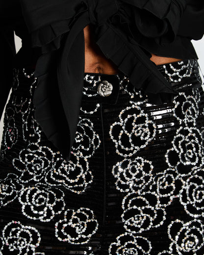 Chanel Black and Silver Sequin Camellia Embellished Velvet Shorts with Camellia Button Detail Size FR 38 (UK 10)
