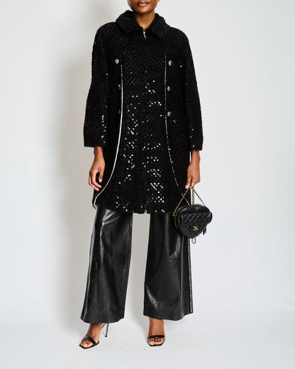 Chanel Black Tweed and Sequin Knee Length Jacket with Collar and Camellia Detail Buttons and Cream Silk Panels Size FR 36 (UK 8)
