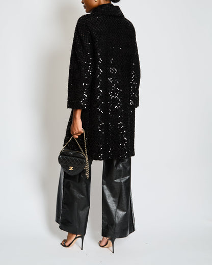 Chanel Black Tweed and Sequin Knee Length Jacket with Collar and Camellia Detail Buttons and Cream Silk Panels Size FR 36 (UK 8)
