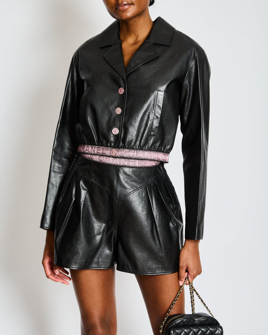 Chanel Black Leather Jacket with Pink CC Logo Buttons and Pink Logo Waistband Size FR 36 (UK 8)